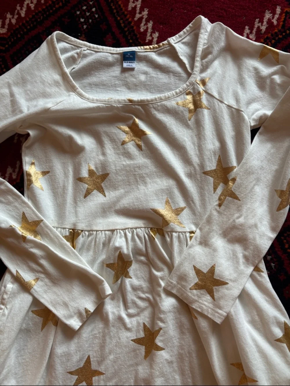 Old Navy Cream Long Sleeve Dress with Metallic Gold Star Print